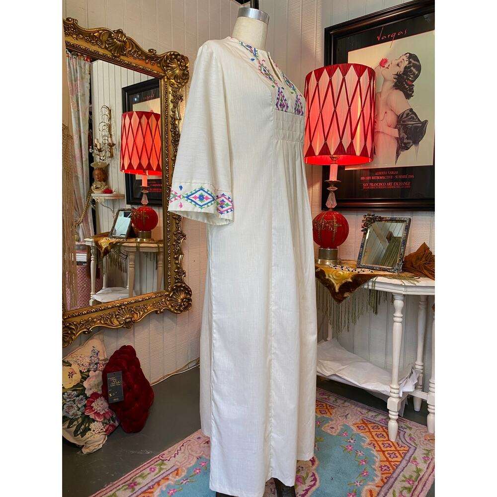 vintage 1970s cotton embroidered kaftan 70s loungewear southwestern maxi dress - Picture 6 of 10